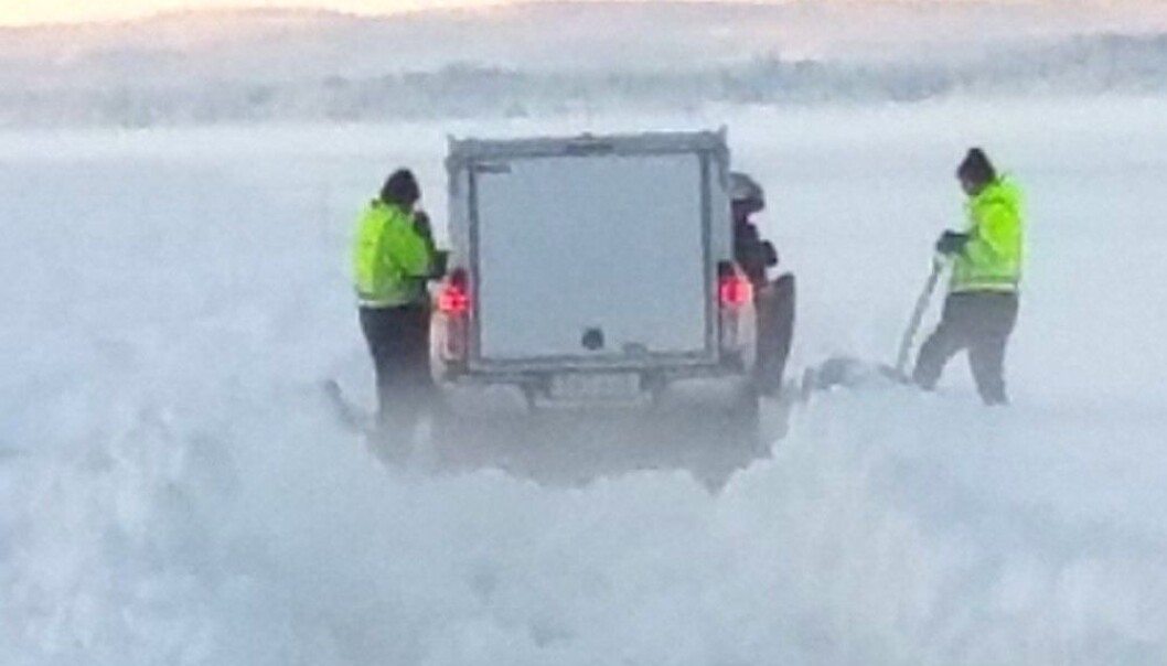 Under måndagen körde ett av arbetsfordonen fast i snöslasket som bildats uppe på kärnisen alldeles nära påfarten från Sunnesidan.
- Det går inte att ploga som det ser ut nu, berättar Alexander Lindholm distriktschef för Trafikverkets färjerederi i Jämtland. Under måndagen körde ett av arbetsfordonen fast i snöslasket som bildats uppe på kärnisen alldeles nära påfarten från Sunnesidan.
- Det går inte att ploga som det ser ut nu, berättar Alexander Lindholm distriktschef för Trafikverkets färjerederi i Jämtland.