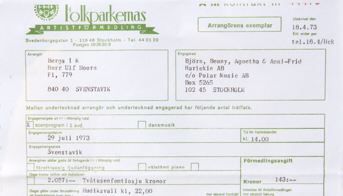 Kontraktet som signerades i april 1972 inför ABBA:s framträdande på Galhammaren i Svenstavik. Totalt betalade arrangören 2428 kronor för ABBA:s uppträdande under Svensta marknad. Kontraktet som signerades i april 1972 inför ABBA:s framträdande på Galhammaren i Svenstavik. Totalt betalade arrangören 2428 kronor för ABBA:s uppträdande under Svensta marknad.