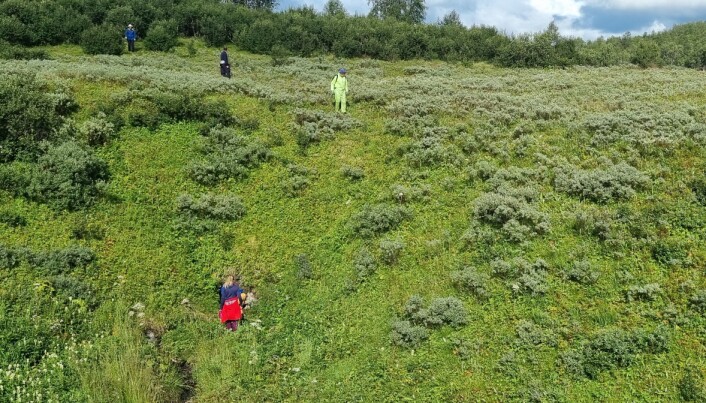 På bilden har gruppen precis hittat en stor dolin, alltså en grop i marken som har bildats av håligheter under markytan. I just denna dolin försvinner en bäck ner under jord genom en liten grotta. Såna bäckar brukar betyda att människor kan ta sig ner. Foto: Ola Löfquist På bilden har gruppen precis hittat en stor dolin, alltså en grop i marken som har bildats av håligheter under markytan. I just denna dolin försvinner en bäck ner under jord genom en liten grotta. Såna bäckar brukar betyda att människor kan ta sig ner. Foto: Ola Löfquist