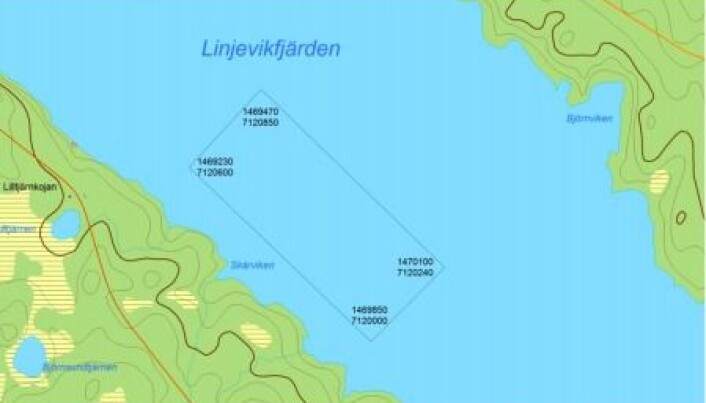 Hörnkoordinaterna på fiskodlingens område i Linjeviken i Länsstyrelsens beslut från 2005. Jämför med bilden på koordinaterna där markeringspinnarna står idag, som dessutom bara är tre stycken och på kassarnas södra sida. Den norra sidan är helt omarkerad för förbipasserande båtar. Hörnkoordinaterna på fiskodlingens område i Linjeviken i Länsstyrelsens beslut från 2005. Jämför med bilden på koordinaterna där markeringspinnarna står idag, som dessutom bara är tre stycken och på kassarnas södra sida. Den norra sidan är helt omarkerad för förbipasserande båtar.
