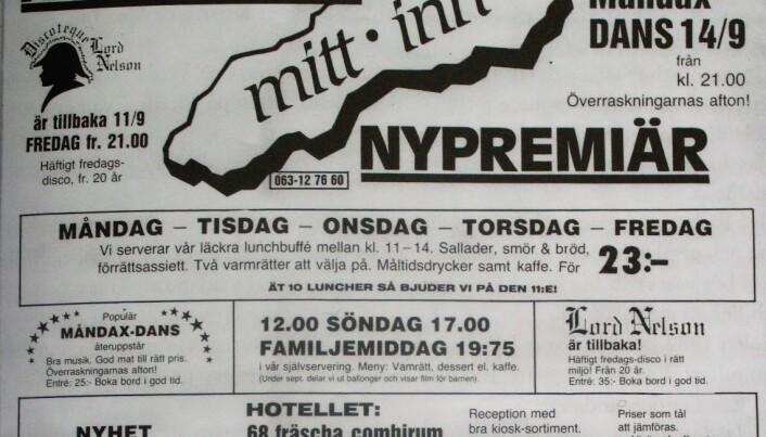 Annons från tiden med Mitt Inn på 80-talet. Bild ur boken. Annons från tiden med Mitt Inn på 80-talet. Bild ur boken.