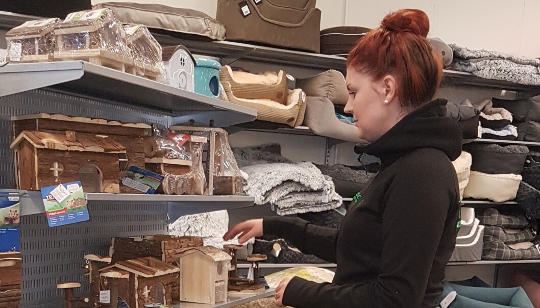 Marielle Forsberg som jobbar på Tasseborg ser till att det ser bra ut på hyllorna för smådjurstillbehör. Foto: Sonja Björklund Marielle Forsberg som jobbar på Tasseborg ser till att det ser bra ut på hyllorna för smådjurstillbehör. Foto: Sonja Björklund