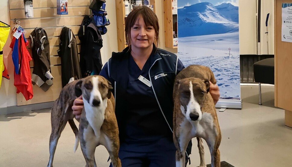 Gunilla Holmberg med sina två vinthundar Ludo och Coco. Gunilla är leg djursjukskötare och hjälper djurägare med det som inte kräver en veterinär.