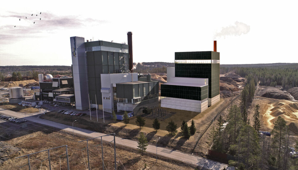 Skiss över det nya kraftvärmeverket. Den svarta byggnaden till höger i bilden är den nya anläggningen. Illustration: Jämtkraft