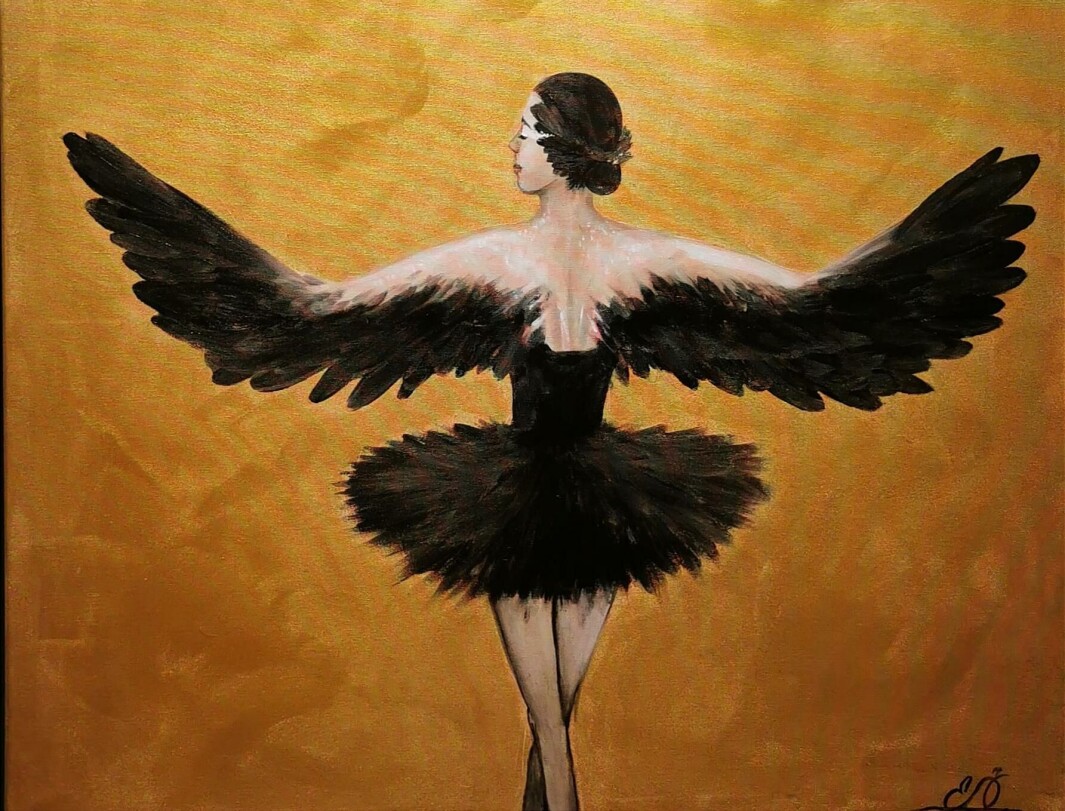 Denna målning, ”The black swan”, är Evelinas egen favorit. Denna målning, ”The black swan”, är Evelinas egen favorit.