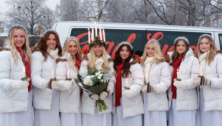Hela gänget med luciakandidater, från vänster Frida Fält, Östersund. Elise Holm, Nälden. Jolanda Edvardsson, Järpen. Theres Arvidsson, Haxäng, som blev Jämtlands Lucia 2022. Evelin Ulubey, Föllinge. Elina Schubert, Persåsen. Stina Jonsson, Dvärsätt. Wilma Vedin, Tandsbyn. Hela gänget med luciakandidater, från vänster Frida Fält, Östersund. Elise Holm, Nälden. Jolanda Edvardsson, Järpen. Theres Arvidsson, Haxäng, som blev Jämtlands Lucia 2022. Evelin Ulubey, Föllinge. Elina Schubert, Persåsen. Stina Jonsson, Dvärsätt. Wilma Vedin, Tandsbyn.