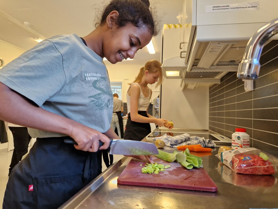 Anna och Linda, i det lila köket hade kul när de lagade köttfärssoppa. Anna och Linda, i det lila köket hade kul när de lagade köttfärssoppa.