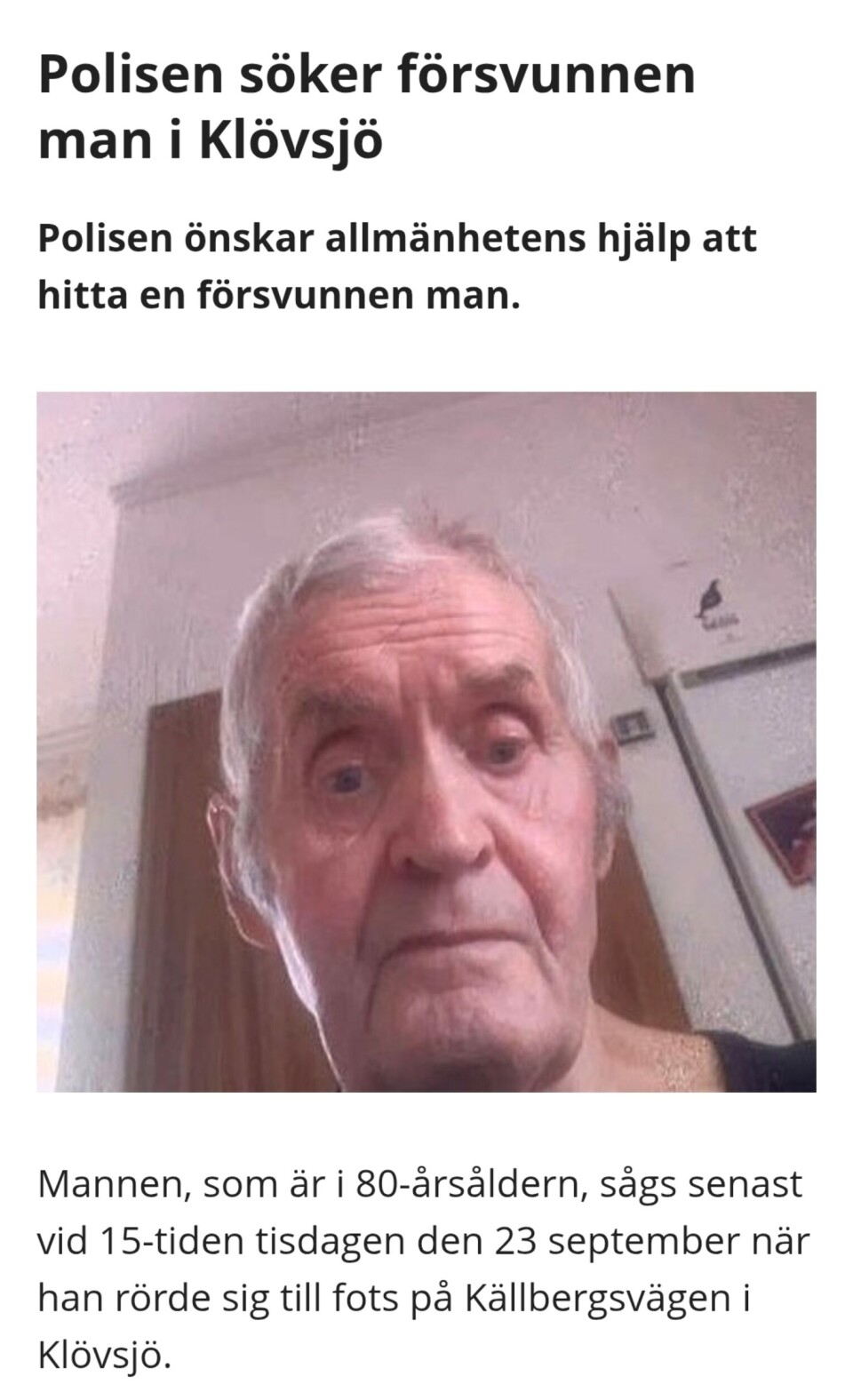 Polisens information om den försvunne.